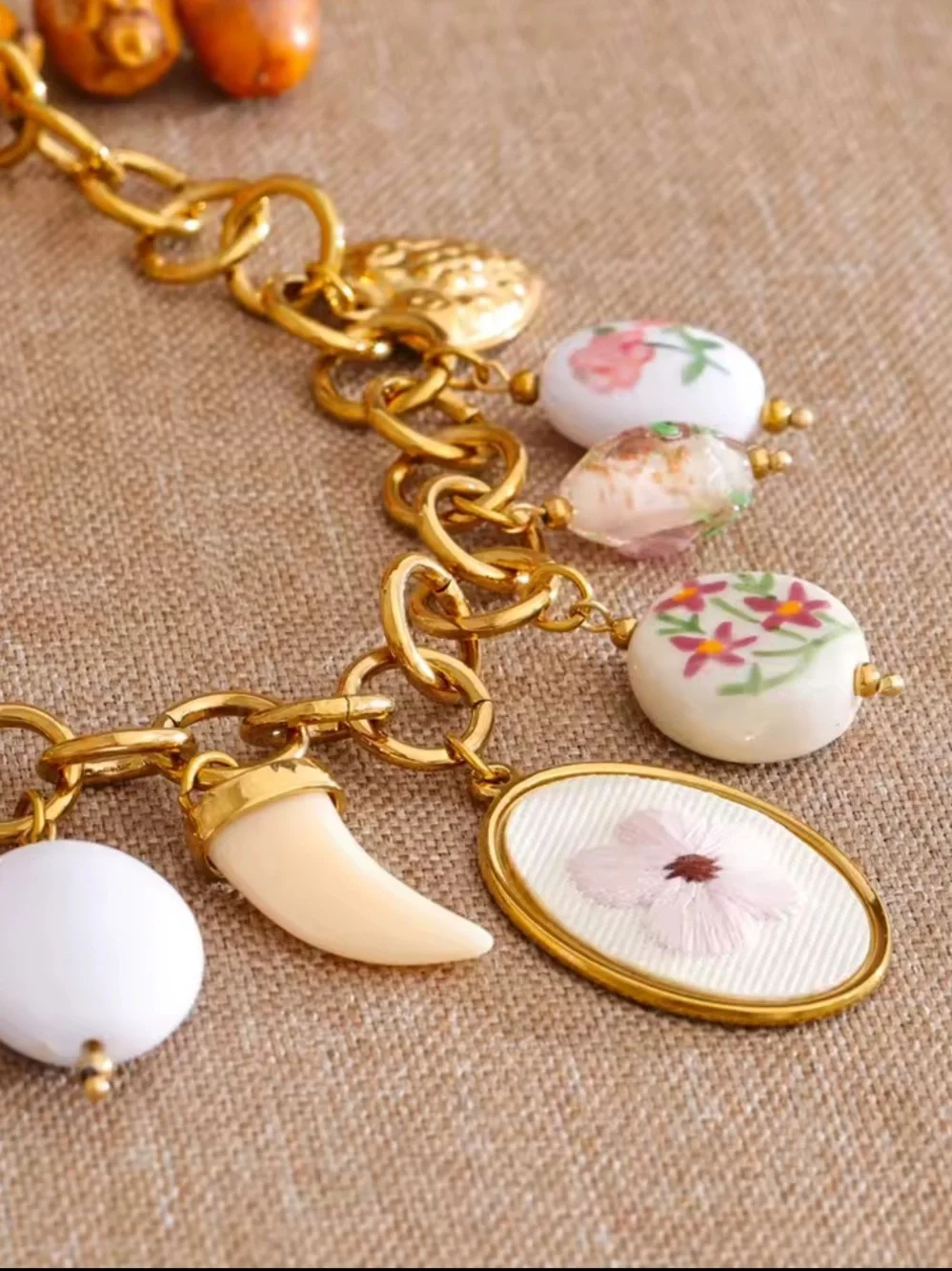 Vintage Floral Porcelain Charm Necklace